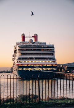 A grand cruise ship named Borealis docked at the harbor during a serene sunset, featuring a bird soaring above.