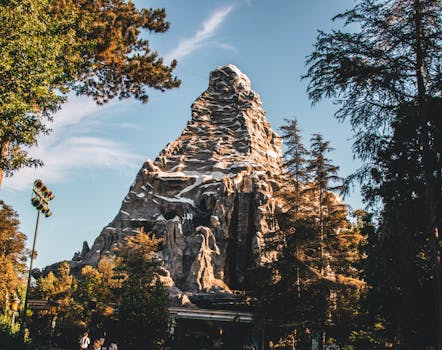 Beautiful view of the iconic Matterhorn Mountain at Disneyland with clear skies and trees.