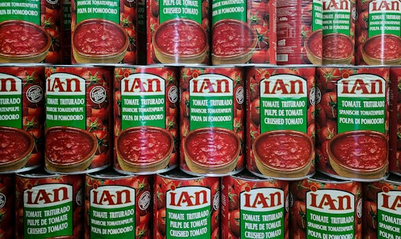 Close-up of stacked cans of crushed tomatoes in vibrant red with multilingual labels.